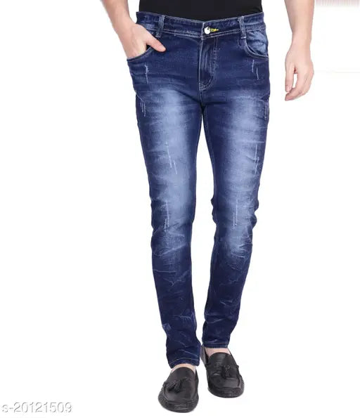 Dark blue denim Bestloo men's slim fit jeans (size 30), on model