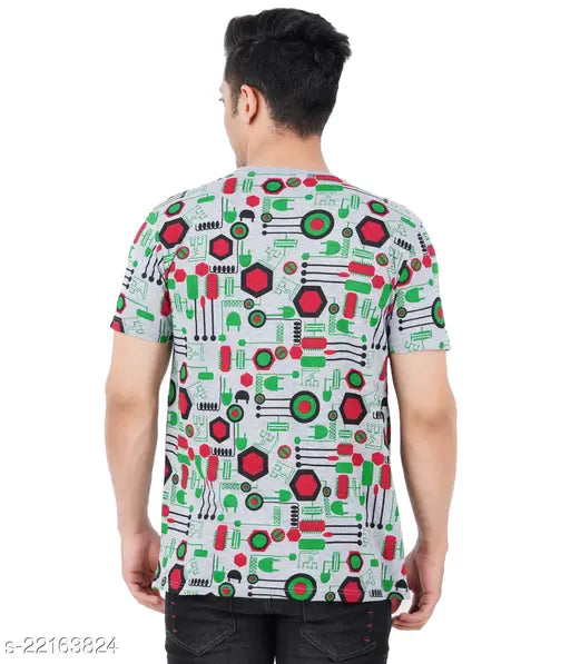 Trendy cotton blend men's short-sleeve t-shirts with printed patterns, available in sizes S and M. Made in India