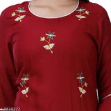 Embroidered rayon kurta with palazzos, Indian handcrafted women's three-quarter sleeve set in net pattern, single size M or XL
