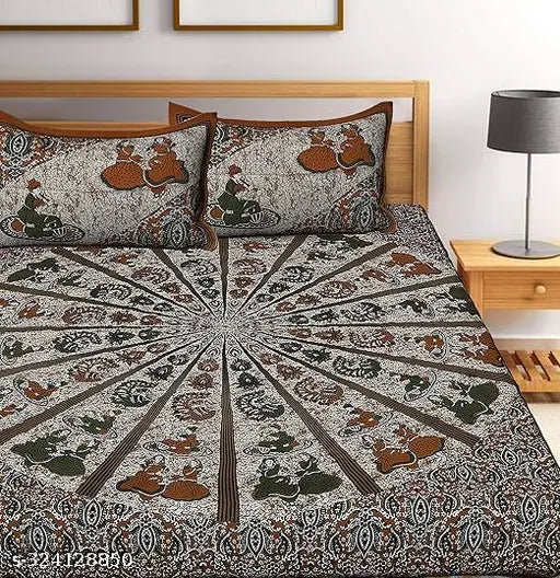 Cotton yellow double bed sheet, Kashmirkalli Jaipuri king, 100% pure cotton with 2 pillow covers for summer use