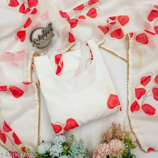 White moti suit with georgette gown and lace dupatta, printed net pattern on a delightful classic dress. Size S-36, weight: 350 grams, 4.5 meters long. Made in India