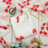 White moti suit with georgette gown and lace dupatta, printed net pattern on a delightful classic dress. Size S-36, weight: 350 grams, 4.5 meters long. Made in India