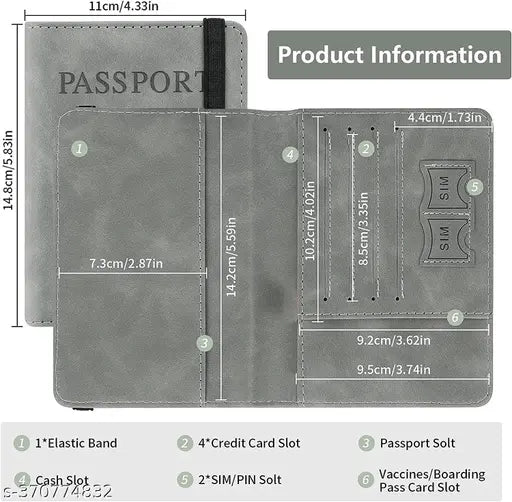 Leather RFID blocking travel document holder, includes 4 card slots, 1 passport slot, and 1 cash slot. Durable PU leather, abrasion resistant, suitable for international travel