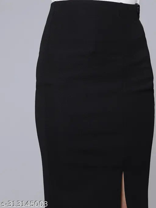Black polyester solid pencil skirt with high slit, suitable for women's wardrobe