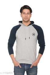 Trendy cotton blend hoodie with long sleeves, printed pattern on men's size S, made in India