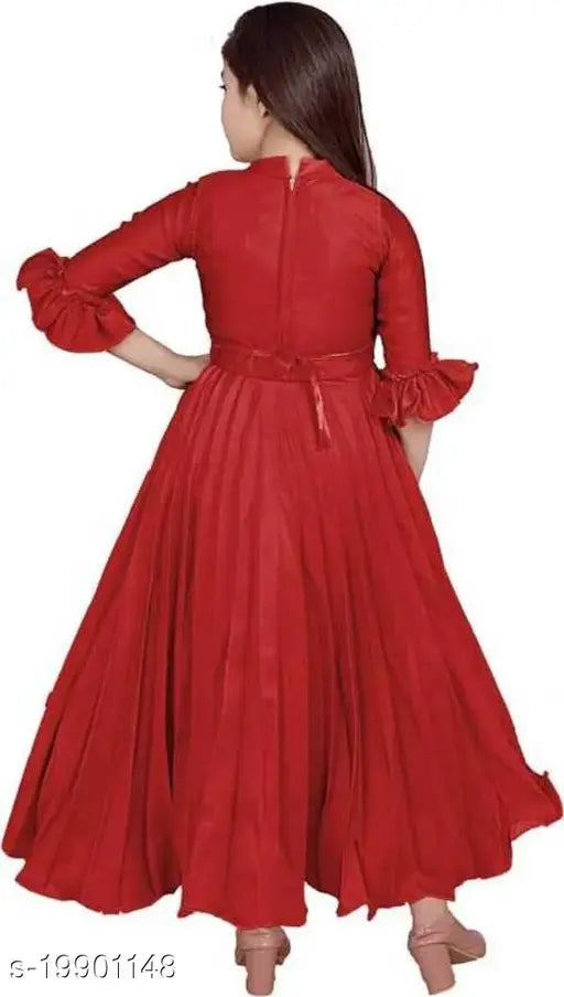 Maroon silk blend dress for girls, solid pattern with three-quarter sleeves. Pack of 1, Indian origin
