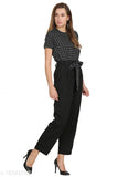 Trendy designer women's polyester jumpsuit with checked pattern, short sleeves, size M