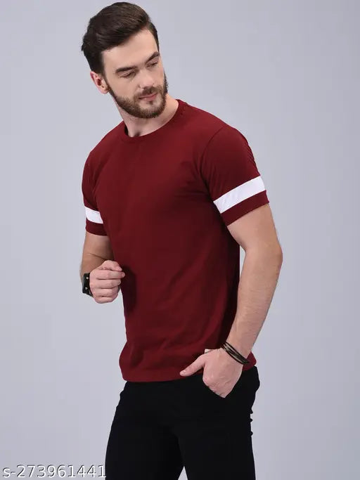 Stylish men's maroon cotton-blend short sleeve t-shirt, solid pattern