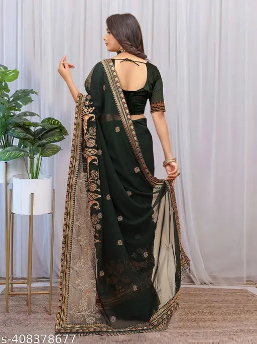 Georgette saree with zari work and running dupion silk blouse, fashionable embroidery on Indian free size saree (length: 5.5m, blouse length: 0.8m)