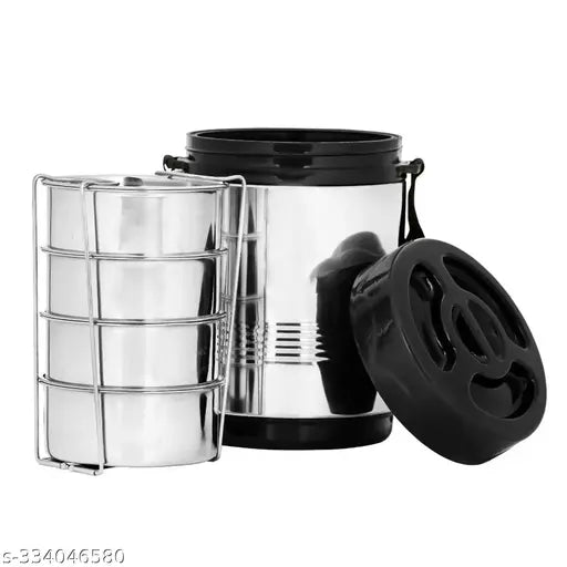 Stainless steel insulated 4-compartment lunch box, durable and leakproof for office, work, travel, or outdoor use. Ideal Prime brand, perfect for men and women adults