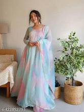 Multicolor classic printed georgette stitched Anarkali gown with blue dupatta and silk blend inner fabric on model