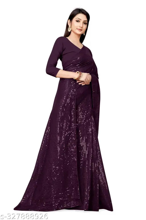 Georgette sequence work saree with attached blouse, adorned with sequins and thread embroidery. Beautiful designer saree in single size, comfortable for parties and festive occasions." (95 characters)