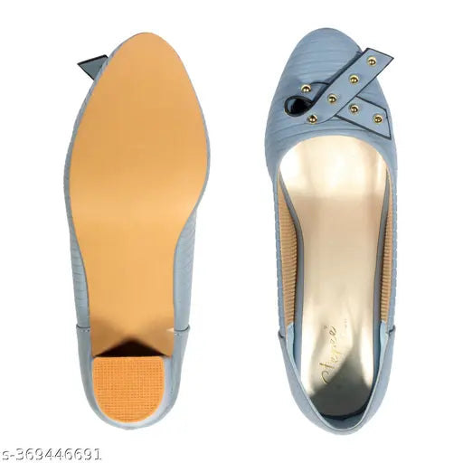 Synthetic leather, embellished net belly tassels on front slip-on pointed toe pumps with block heel, women's footwear from Stepee, India