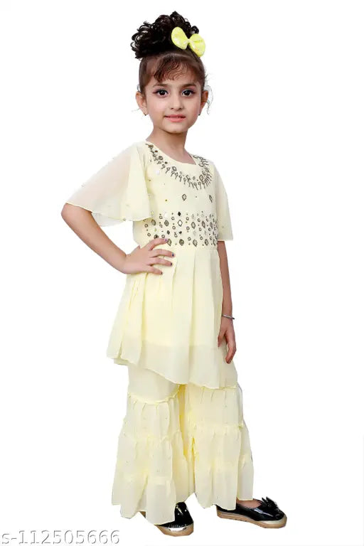 Lemon embroidered Georgette kurta & sharara suit for girls (3-4yrs), Indian ethnic party wear