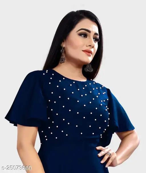 Blue embellished net rayon gown for women, trendy and fashionable, available in sizes S, M, L, XL, XXL. Made in India