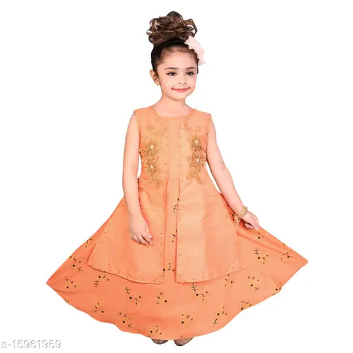 Orange silk blend long gown dress for girls party/festive designer embroidery by Hariyal Creation, sleeveless with sizes ranging from 3-4 years to 8-9 years