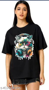 Trendy cotton blend printed net oversized women's t-shirt, short sleeves, XXS to XL sizes available