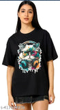 Trendy cotton blend printed net oversized women's t-shirt, short sleeves, XXS to XL sizes available