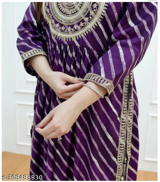 Embroidered rayon Lahariya Nayra cut kurti with three-quarter sleeves, Indian traditional clothing for women