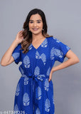Blue rayon printed jumpsuit with short sleeves, high-quality women's fashion from India