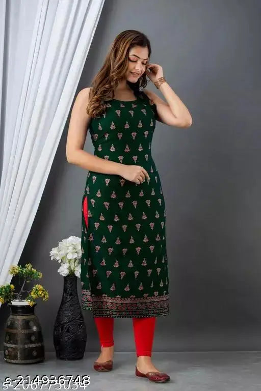 Green rayon sleeveless printed kurta with three-quarter sleeves, stylish and comfortable for women's fashion, India origin