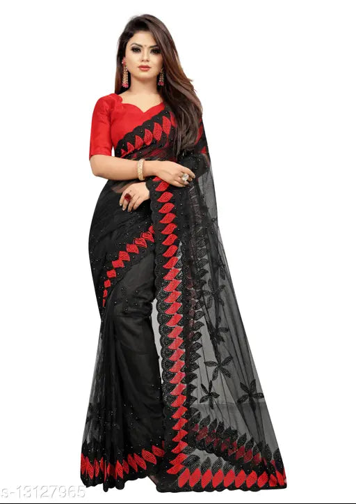 Embroidered net saree with satin running blouse, Indian hand-embellished Chitrarekha Pretty Sarees
