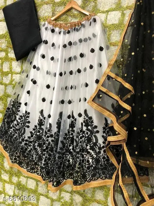 New attractive net lehenga set with embroidered dupatta, semi-stitched in free size, India origin