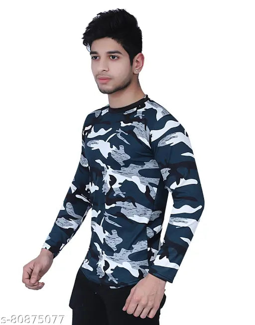 Men's military T-shirt in full sleeves, 100% 2-way Lycra fabric, printed pattern. Ideal for sports, gym, biking, and outdoor activities. Made in India