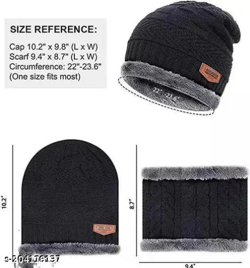Premium quality cotton woolen cap combo (Navy Blue & Black), pack of 2 with face cover and fur-lined neck warmer scarf