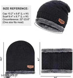 Premium quality cotton woolen cap combo (Navy Blue & Black), pack of 2 with face cover and fur-lined neck warmer scarf
