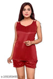 Maroon satin nightwear top & shorts set, luxurious sleepwear for women, solid pattern, dream night brand