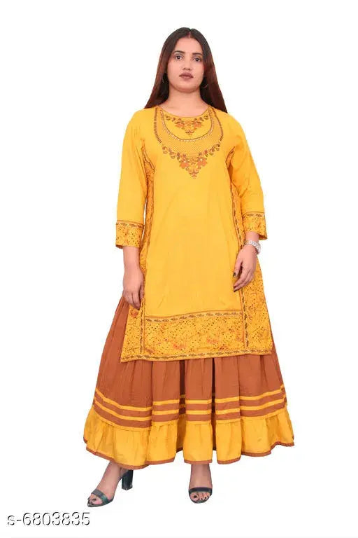 Embroidered rayon slub kurta with sharara, vibrant Indian women's outfit featuring three-quarter sleeves