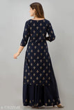 Blue and gold cotton rayon blend straight kurta skirt with gold print