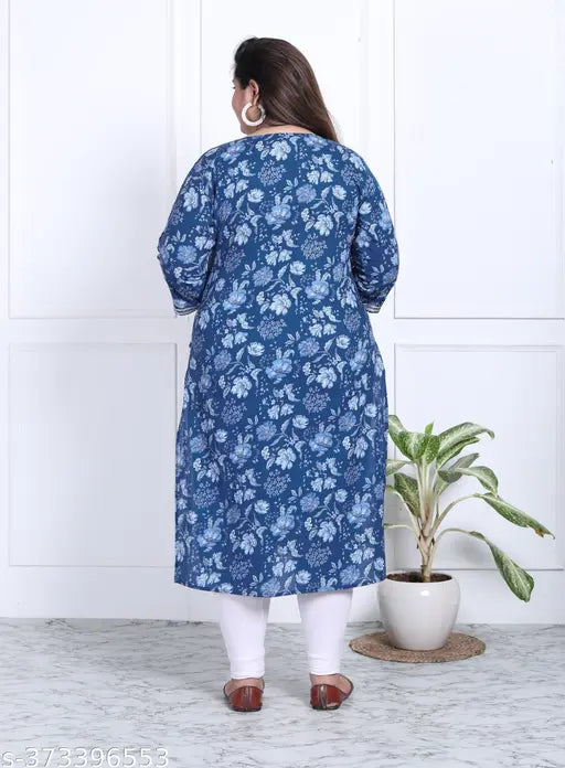 Blue floral print plus size pure cotton straight kurta with three-quarter sleeves, crafted in India