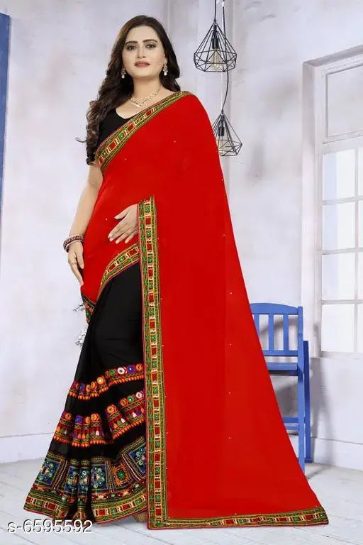 Georgette embellished women's saree set with blouse, Indian hand-embroidered half and half design