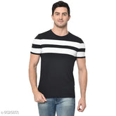 Black cotton round t-shirt with horizontal stripes for men, size S