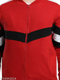 Red and black colorblock boys full sleeve round neck cotton jacket, vibrant design for active play on the playground