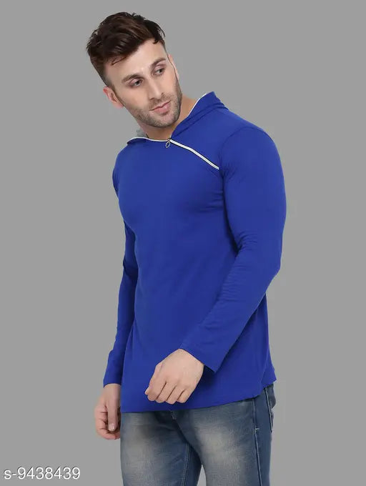 Blue cotton blend solid hoodie t-shirt for men, long sleeves, size S (38in chest, 26in length)