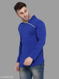Blue cotton blend solid hoodie t-shirt for men, long sleeves, size S (38in chest, 26in length)