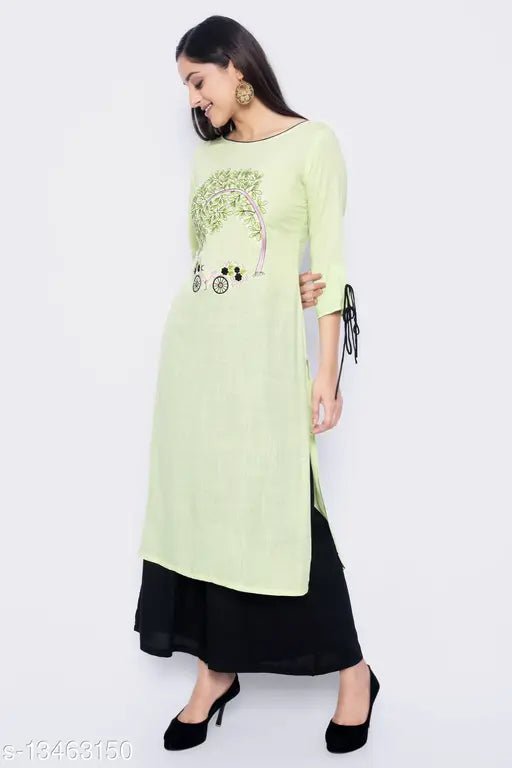 Embroidered rayon straight kurta, three-quarter sleeves, traditional Indian women's wear - Rayon NYPA Kurta (M, L, bust 40in, size length 46in)