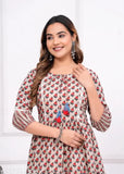 Beige printed cotton Anarkali kurti, three-quarter sleeves, Indian designer women's fashion
