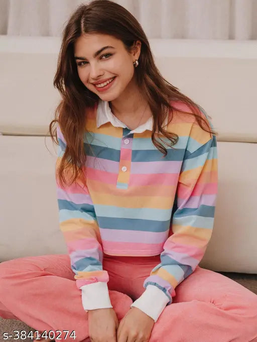 Magic Rainbow Striped Polo Crop Top, Lycra long sleeve, vibrant wardrobe addition for teen girls and women