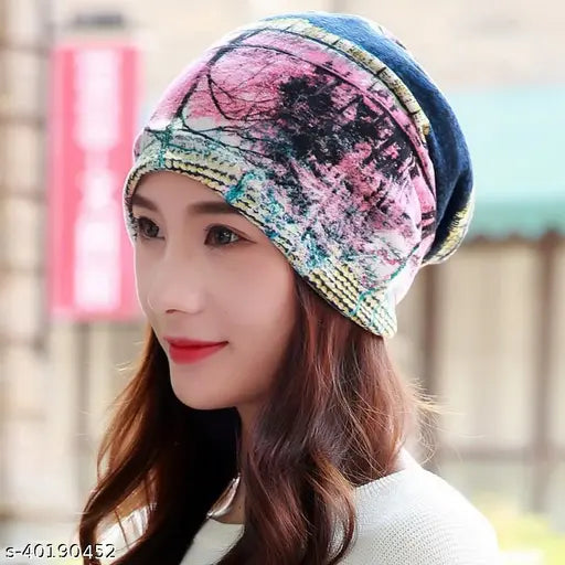 Pink printed ponytail beanie, women's knit skull cap with cotton material and cozy fit. Ideal winter accessory for style and warmth