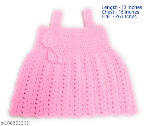 Handmade pink woolen frock & cap suit, embroidered net design for baby girls (0-4 months) - New Jain Traders