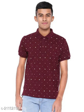 Cotton blend printed polo neck half-sleeve men's t-shirt, vibrant design on display