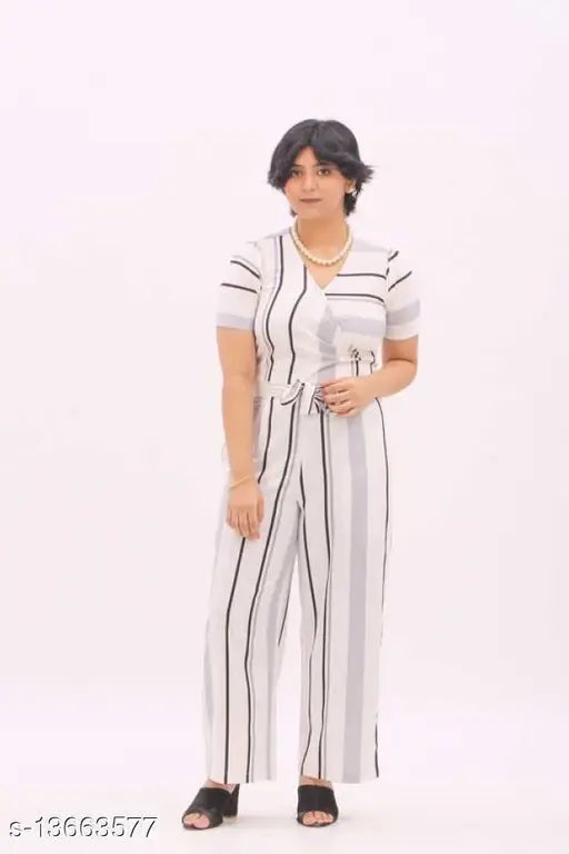 White poly crepe striped jumpsuit by COCCON, short sleeves, size S (36/55/31)