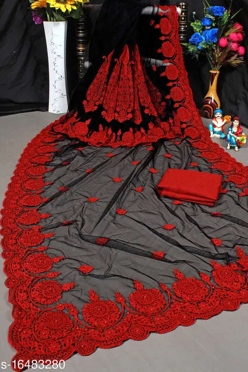 Embroidered net saree with separate satin blouse, free size from India