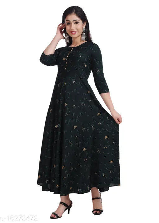 Green rayon Anarkali with Potli Gold W print, three-quarter sleeves, Indian women's fashion