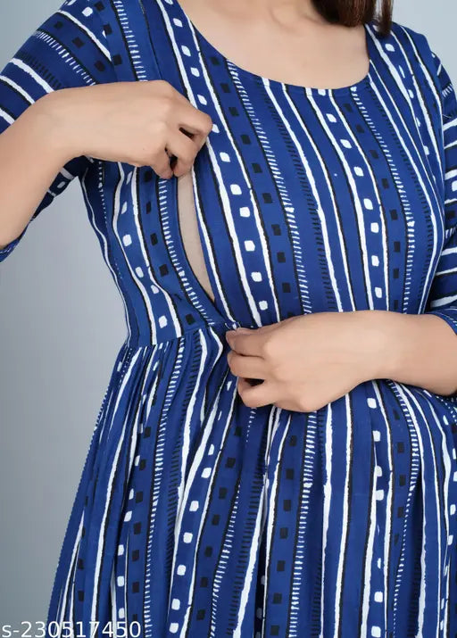 Women's rayon Anarkali zip maternity kurti dress with three-quarter sleeves, printed combo for feedingtrendy - M (38in), L (40in), XL (42in), XXL (44in) - Made in India