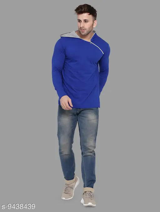 Blue cotton blend solid hoodie for men, long sleeves and solid pattern. Size S (38in chest, 26in length), M (40in chest, 27in length), L (42in chest, 28in length), XL (44in chest, 29in length). Made in India